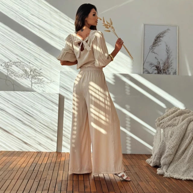 Eleva's Two-Piece Set | Dames set met strik-T-shirt en wijde broek met elastische taille