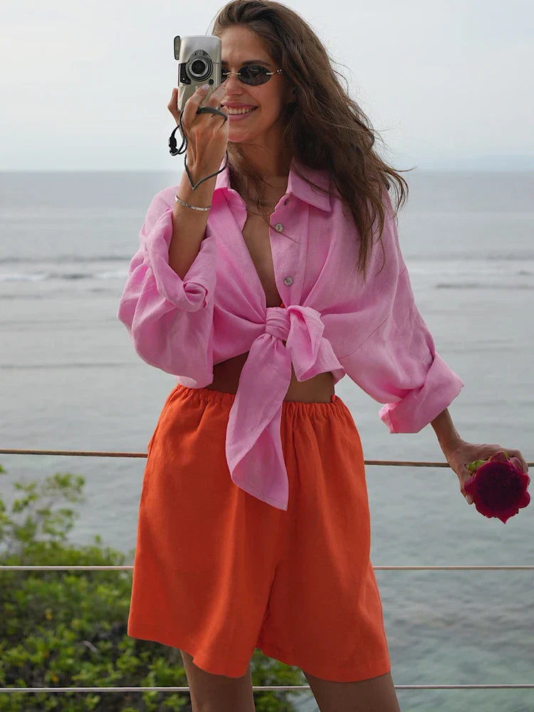 Harlow | Oversized Linnen Blouse voor Dames – Luchtig en Stijlvol met Klassieke Hemdkragen