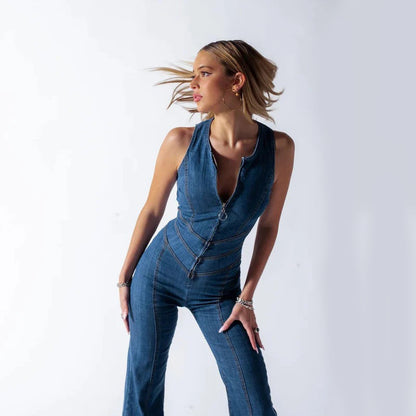 Lieke Denim Jumpsuit | Dames Jumpsuit met Hartvormige Ruguitsnede en Flatterende Pasvorm