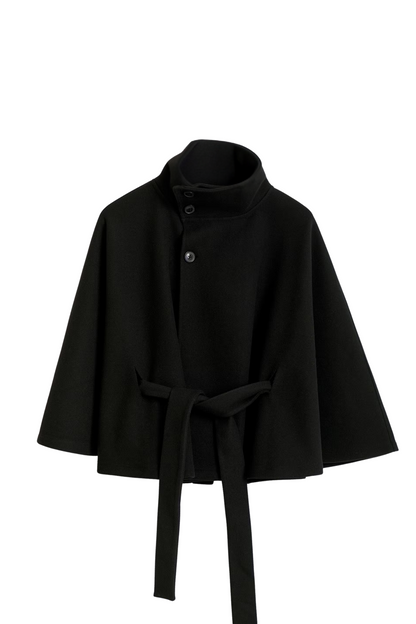 Cape Jas Dames | Losvallende jas met batwing mouwen en ceintuur, elegante standkraag