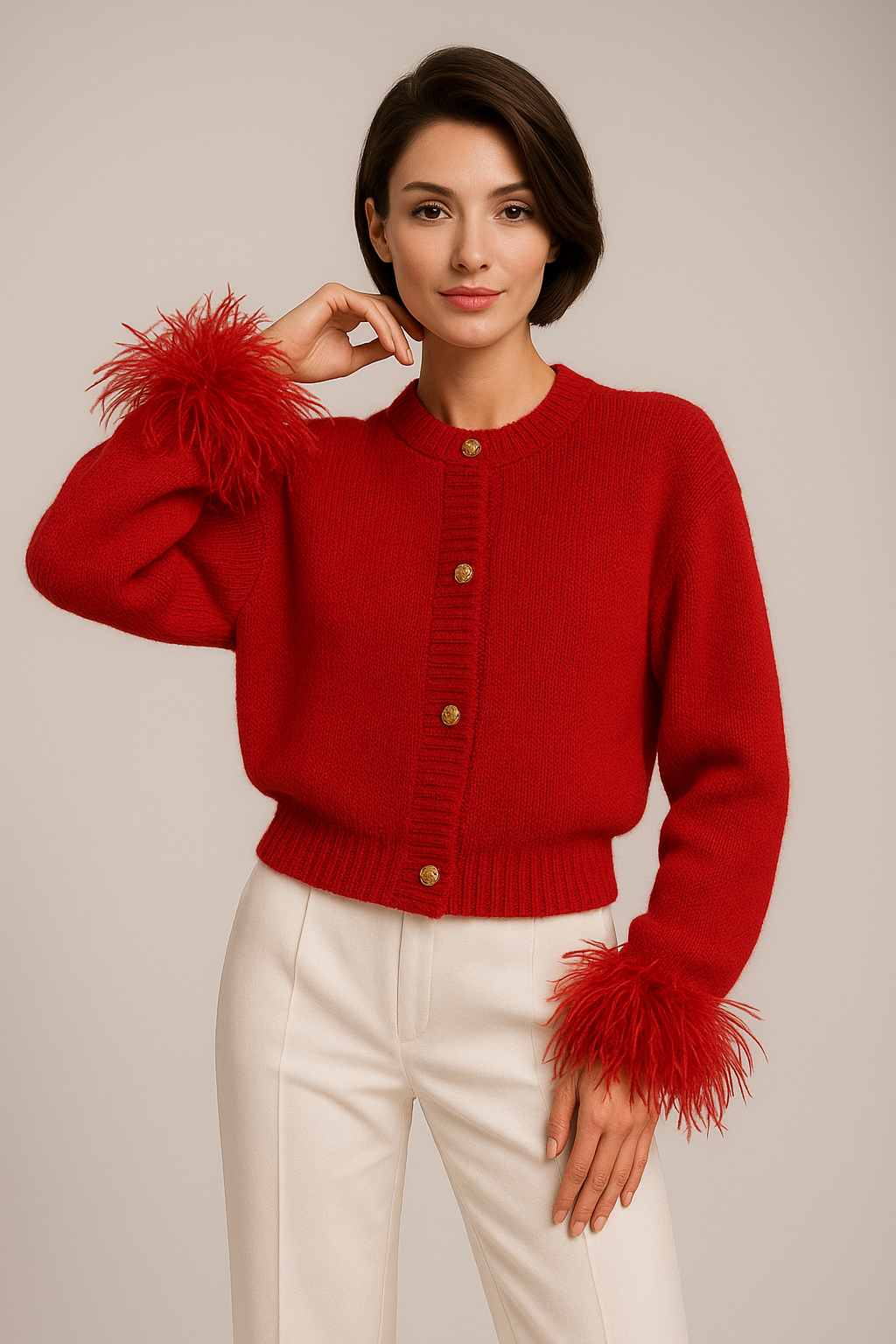 Dames Gebreide Cardigan met Pluimen – Effen, Casual Cardigan