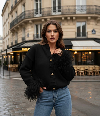 Dames Gebreide Cardigan met Pluimen – Effen, Casual Cardigan