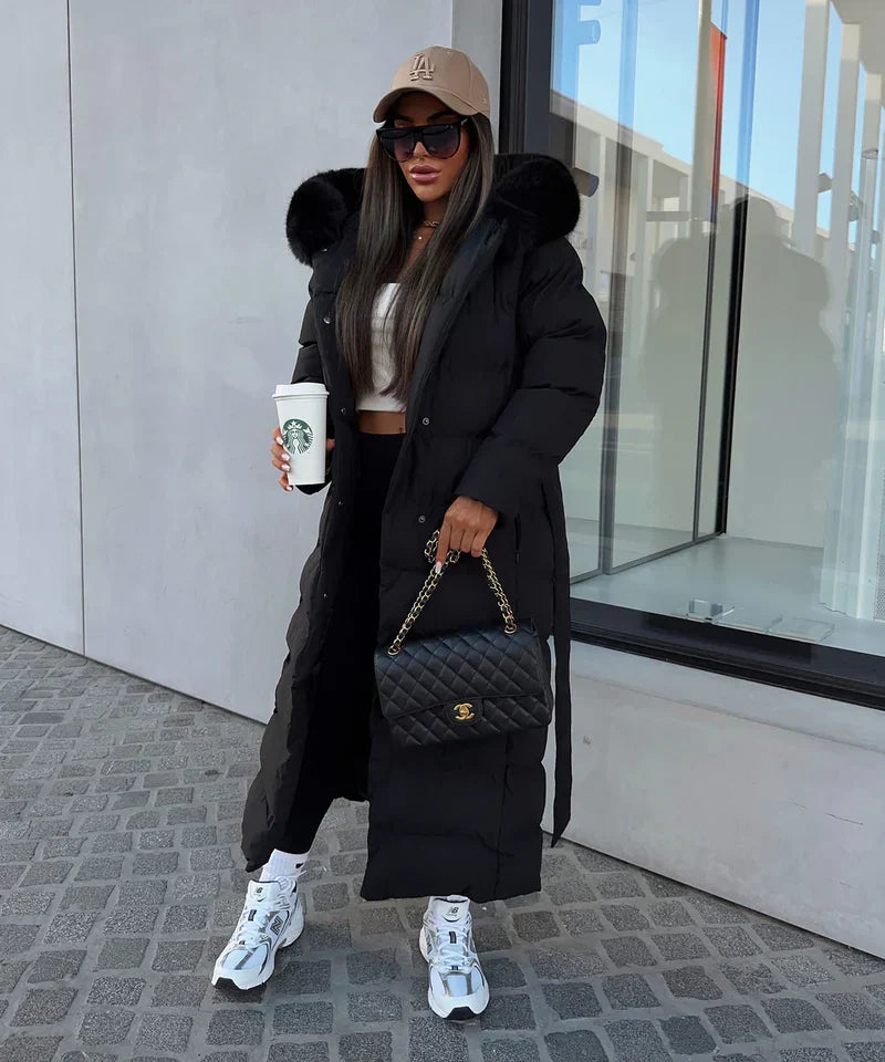 Eleva’s Buff Coat | Dames lange winterjas met capuchon en tijdloze elegantie