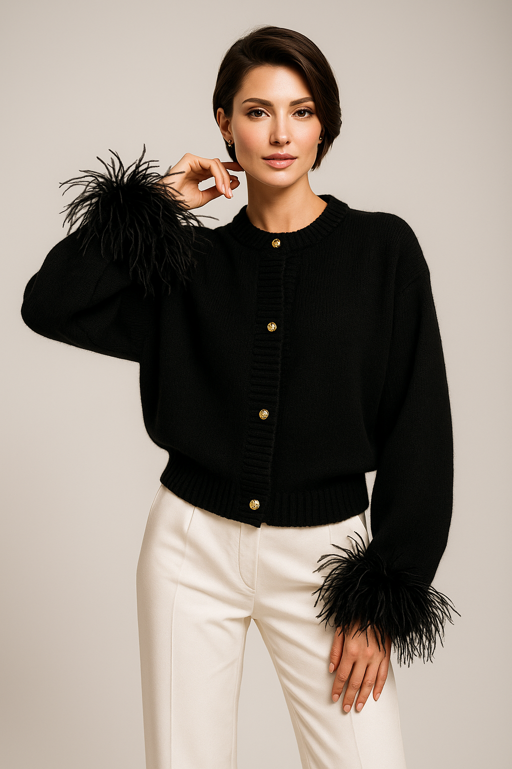 Dames Gebreide Cardigan met Pluimen – Effen, Casual Cardigan