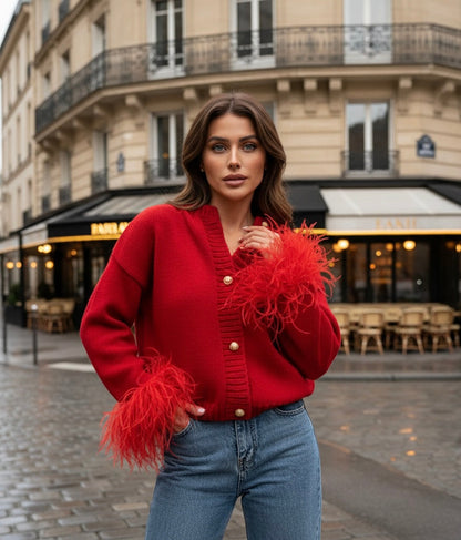 Dames Gebreide Cardigan met Pluimen – Effen, Casual Cardigan