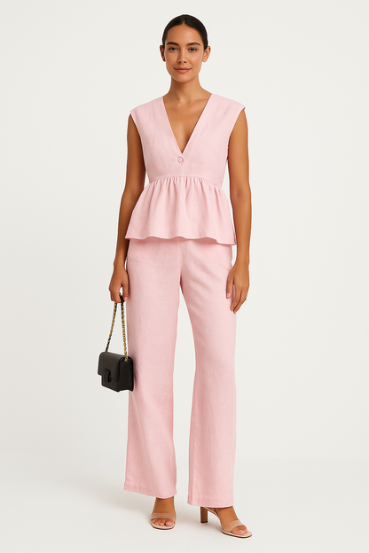 Anke | Dames Set – Peplum Top zonder Mouwen met V-Hals en Losvallende Broek in Ademend Materiaal