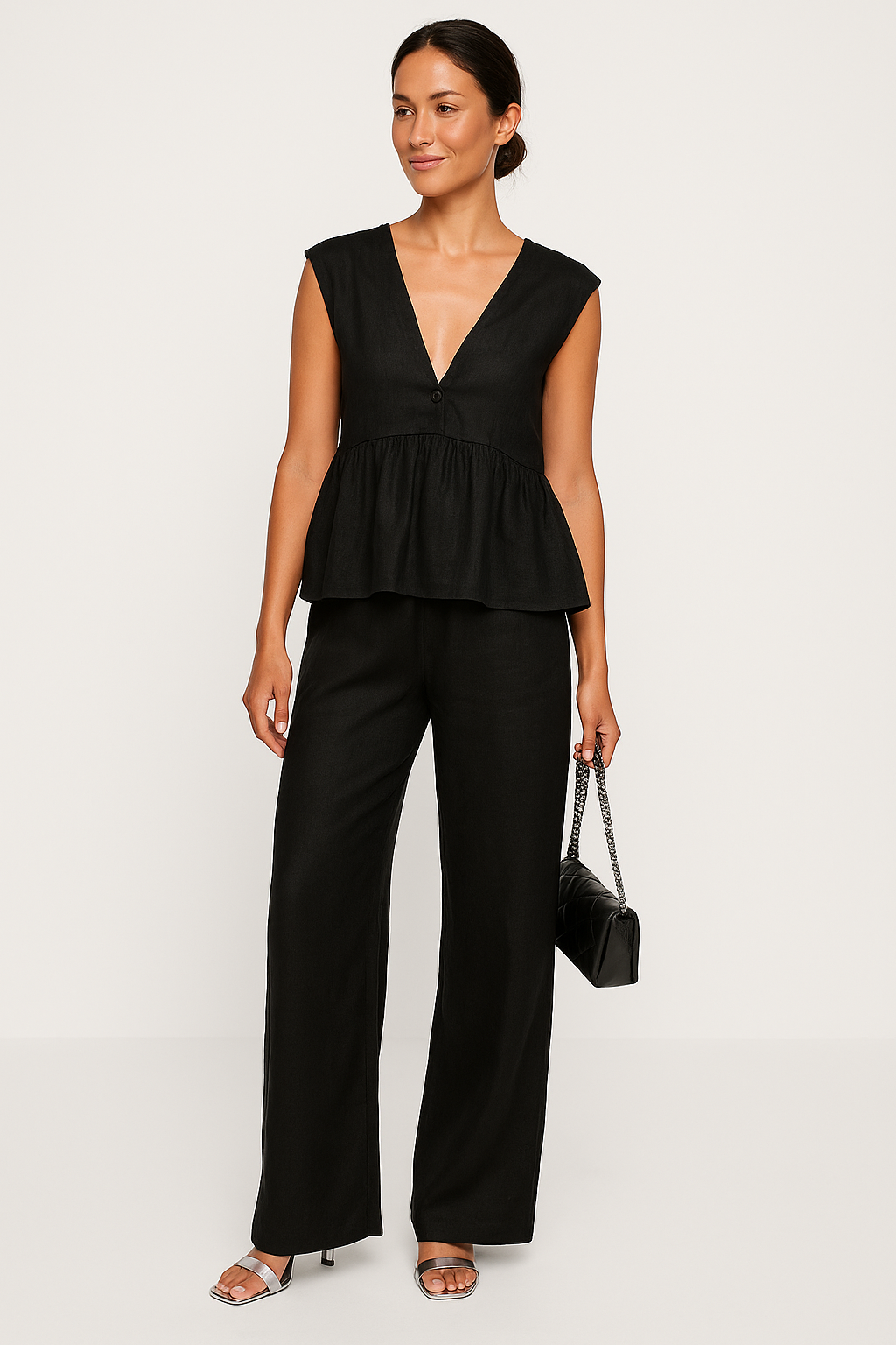 Anke | Dames Set – Peplum Top zonder Mouwen met V-Hals en Losvallende Broek in Ademend Materiaal