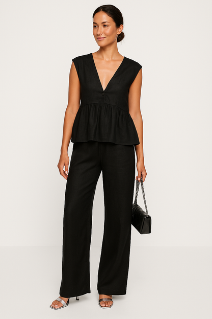 Anke | Dames Set – Peplum Top zonder Mouwen met V-Hals en Losvallende Broek in Ademend Materiaal