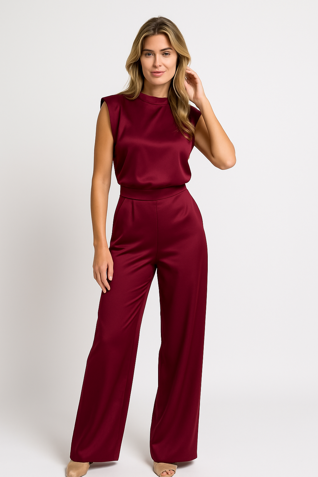 Anneliese | Dames Jumpsuit – Satijnlook met Open Rug en Wijde Pijpen – Mouwloos en Relaxte Pasvorm