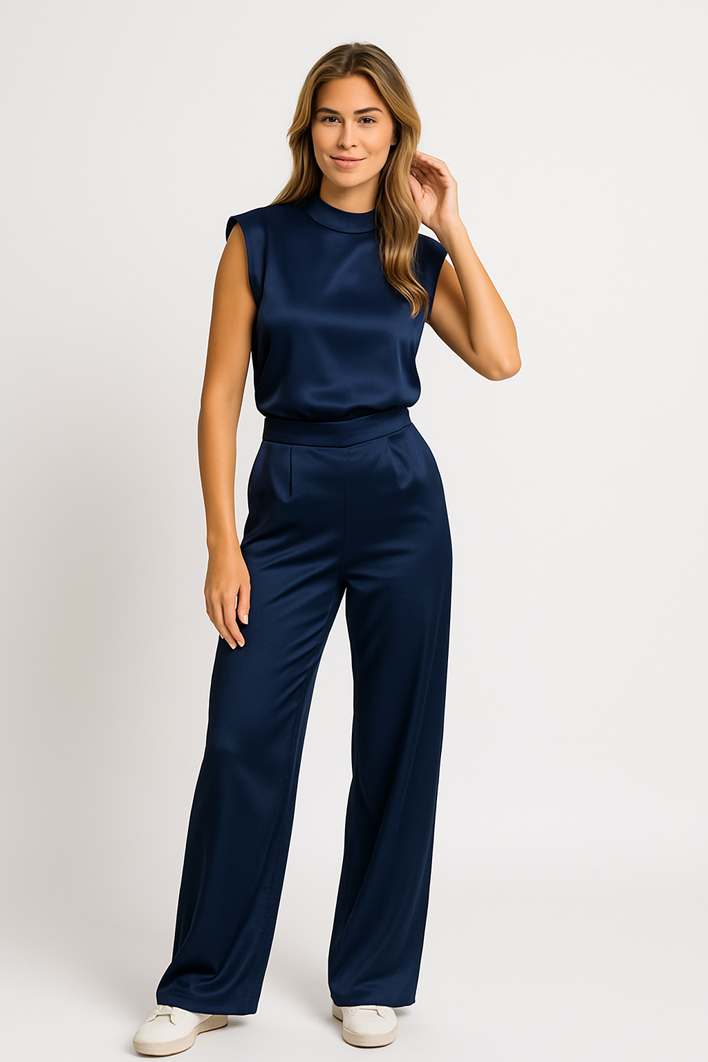 Anneliese | Dames Jumpsuit – Satijnlook met Open Rug en Wijde Pijpen – Mouwloos en Relaxte Pasvorm