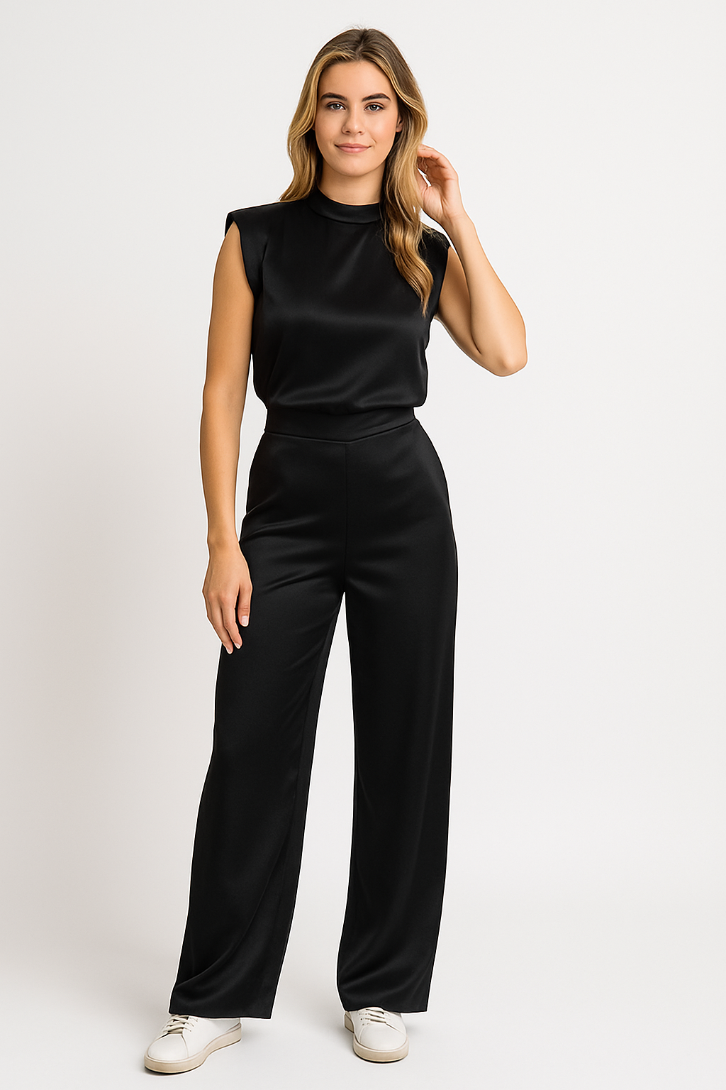 Anneliese | Dames Jumpsuit – Satijnlook met Open Rug en Wijde Pijpen – Mouwloos en Relaxte Pasvorm