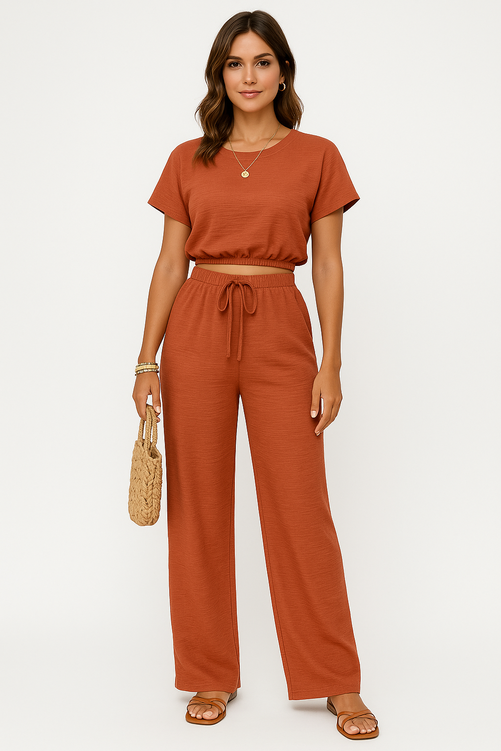 Arina | Dames Tweedelige Set – Crop Top met Batwing Mouwen en Wijde Broek met Trekkoord