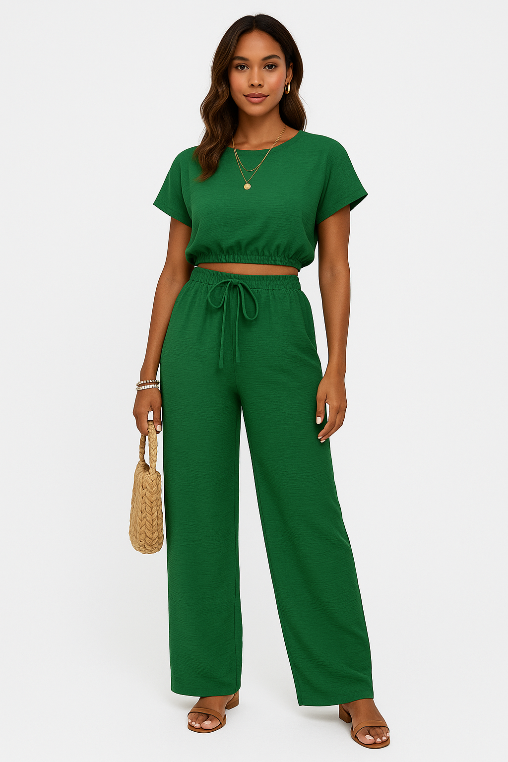 Arina | Dames Tweedelige Set – Crop Top met Batwing Mouwen en Wijde Broek met Trekkoord