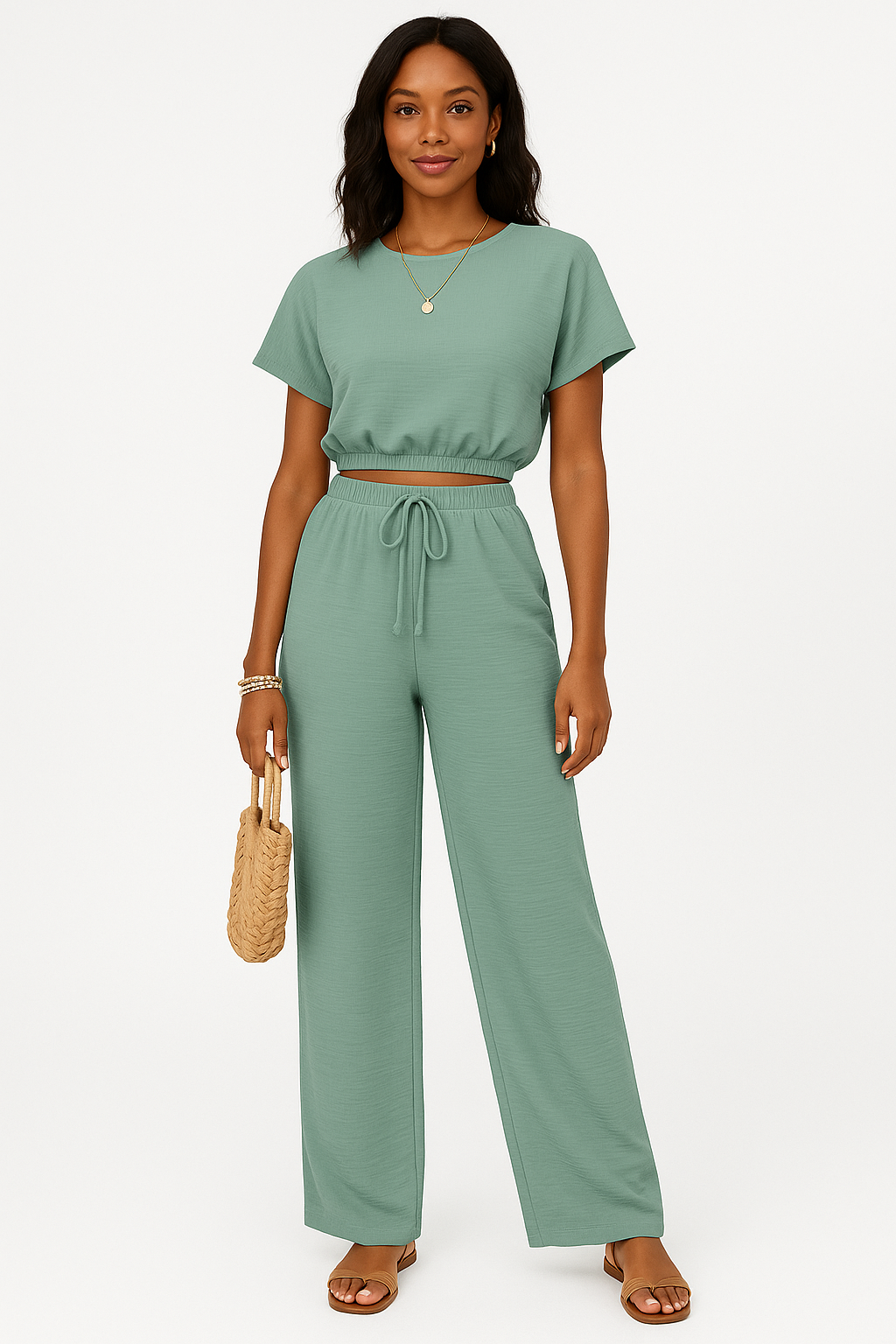 Arina | Dames Tweedelige Set – Crop Top met Batwing Mouwen en Wijde Broek met Trekkoord