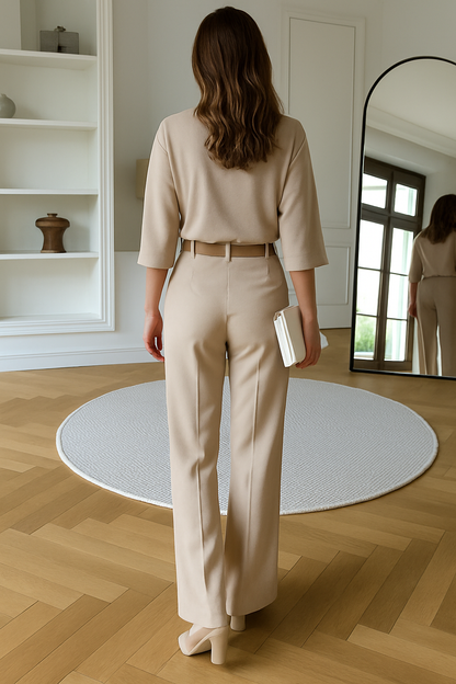 Kimberly Set | Dames 2-delige outfit met hoge taille broek en losvallende top in neutrale kleur