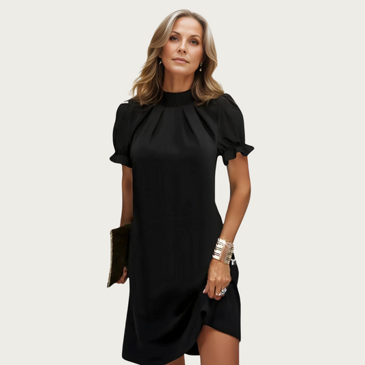 Xena | Dames Midi Avondjurk – Zwarte Bodycon Jurk met Statement Plofmouwen