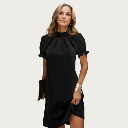 Adriana | Avondjurk Dames – Zwarte Midi Jurk met Trendy Plofmouwen en Aansluitende Pasvorm