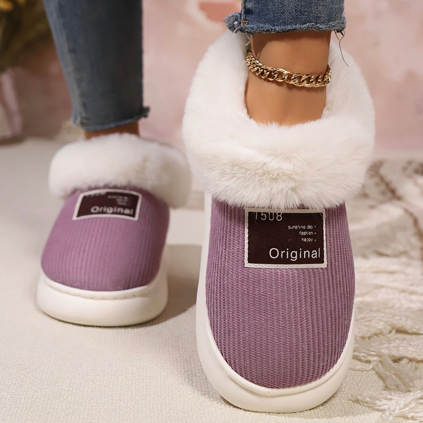 Pantoffels Dames | Beige Bontgevoerde Pantoffels met Zachte Pluche Voering en Antislipzool