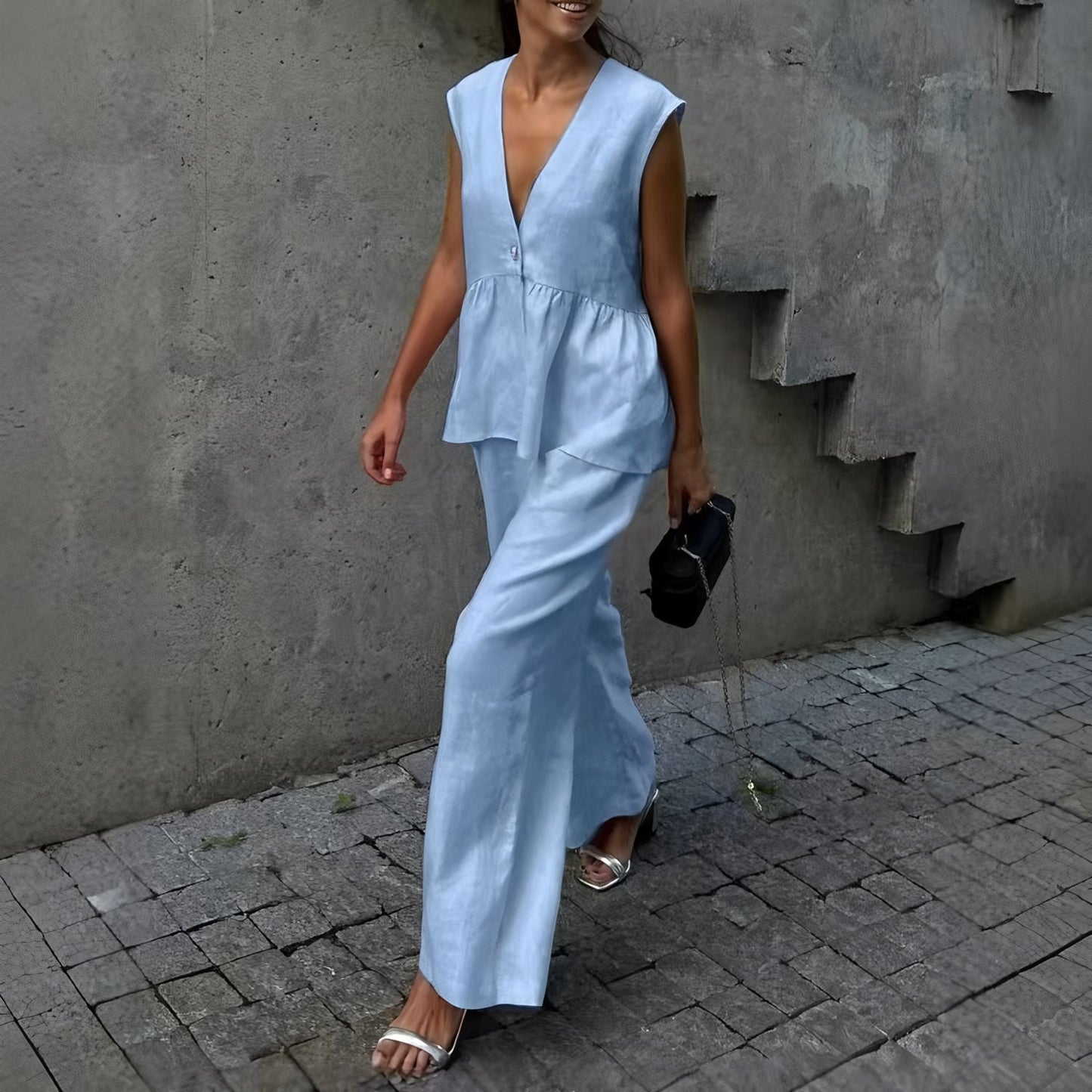 Anke | Dames Set – Peplum Top zonder Mouwen met V-Hals en Losvallende Broek in Ademend Materiaal