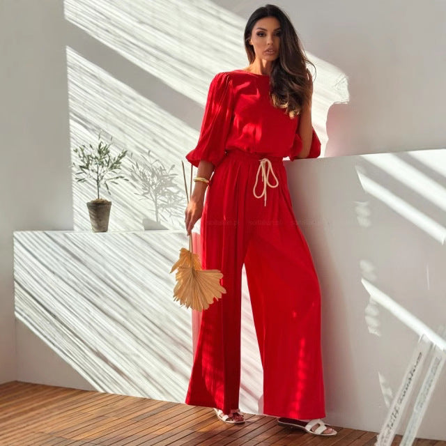 Eleva's Two-Piece Set | Dames set met strik-T-shirt en wijde broek met elastische taille