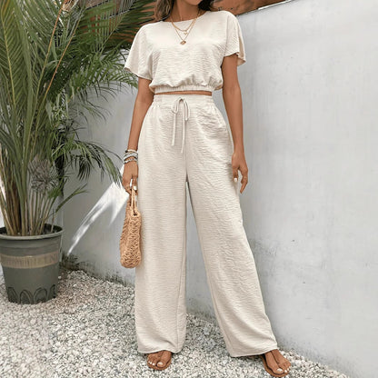 Arina | Dames Tweedelige Set – Crop Top met Batwing Mouwen en Wijde Broek met Trekkoord