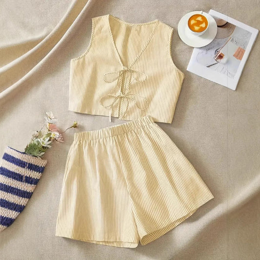 Ina | Dames Set – Crop Top met Strik & Hoge Taille Shorts – Ademend en Trendy voor de Zomer