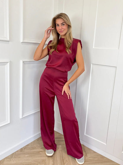 Anneliese | Dames Jumpsuit – Satijnlook met Open Rug en Wijde Pijpen – Mouwloos en Relaxte Pasvorm