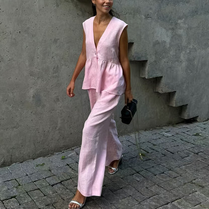 Anke | Dames Set – Peplum Top zonder Mouwen met V-Hals en Losvallende Broek in Ademend Materiaal