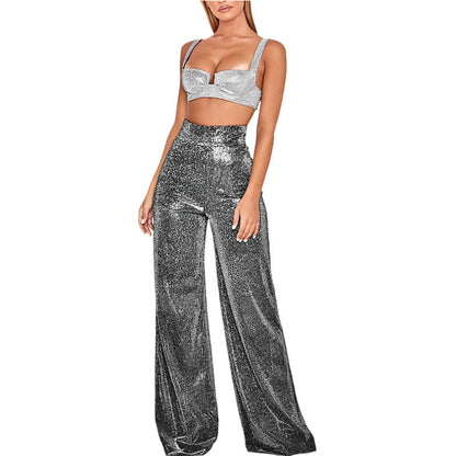 Glamour Glitter Broek | Damesbroek met high-waist pasvorm en feestelijke glitterstof