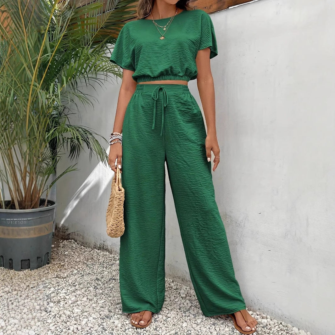 Arina | Dames Tweedelige Set – Crop Top met Batwing Mouwen en Wijde Broek met Trekkoord