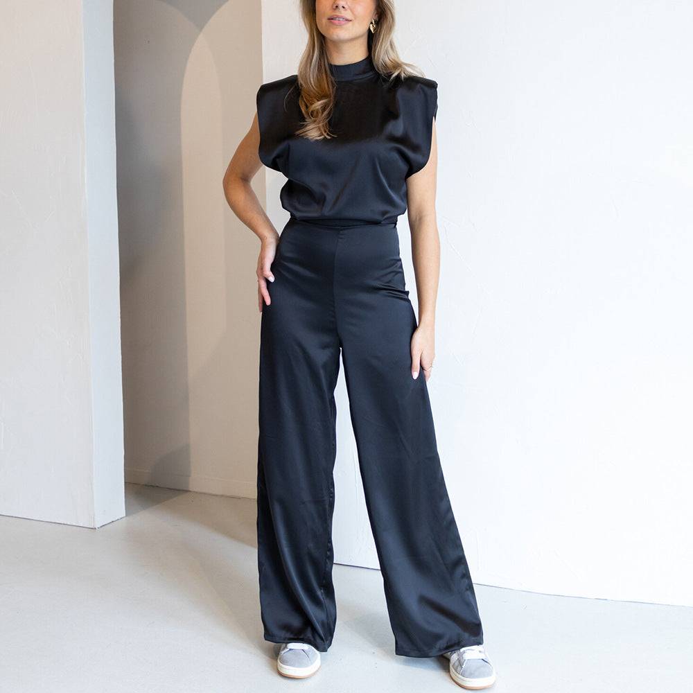 Anneliese | Dames Jumpsuit – Satijnlook met Open Rug en Wijde Pijpen – Mouwloos en Relaxte Pasvorm