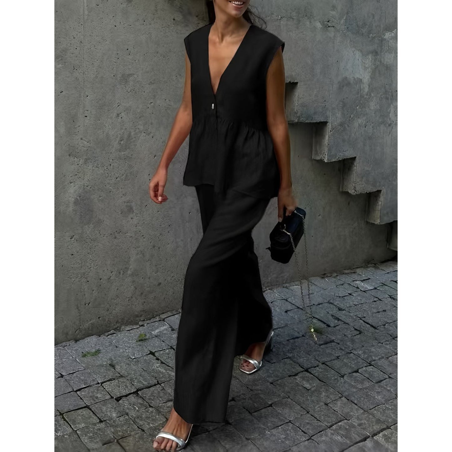 Anke | Dames Set – Peplum Top zonder Mouwen met V-Hals en Losvallende Broek in Ademend Materiaal