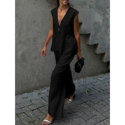 Anke | Dames Set – Peplum Top zonder Mouwen met V-Hals en Losvallende Broek in Ademend Materiaal