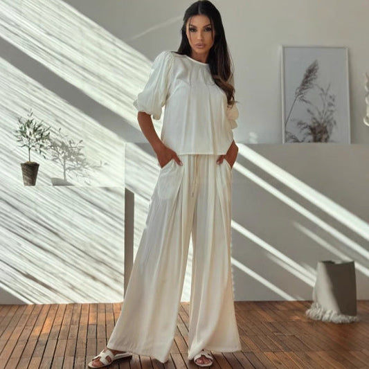 Eleva's Two-Piece Set | Dames set met strik-T-shirt en wijde broek met elastische taille