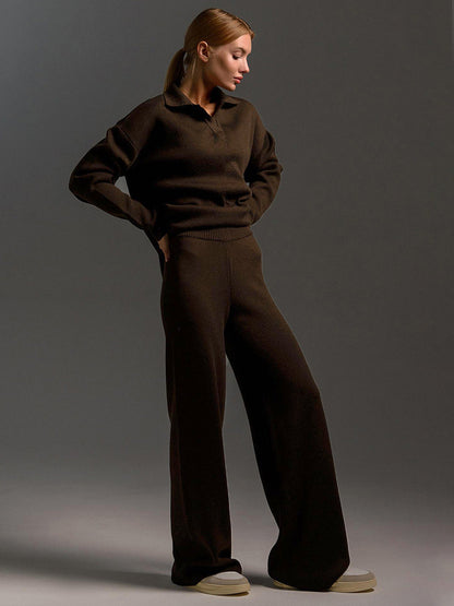 Indy Lounge Set | Dames loungepak met oversized polosweater en brede broek in zandkleur