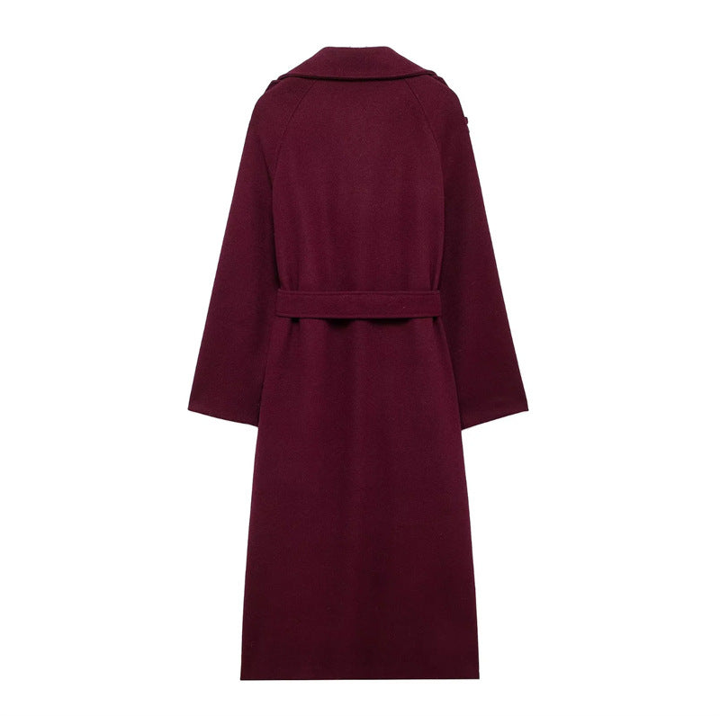 Romee Mantel Jas | Damesjas in Burgundy met Ceintuur en Dubbele Knopenrij