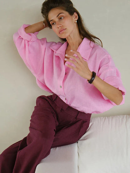 Harlow | Oversized Linnen Blouse voor Dames – Luchtig en Stijlvol met Klassieke Hemdkragen