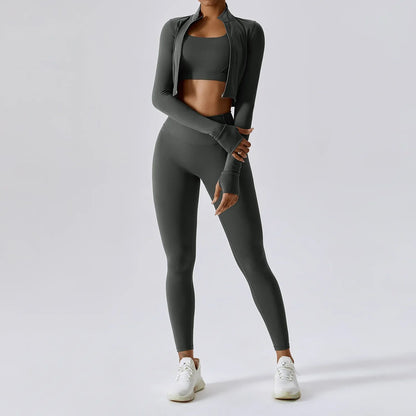 Tammy Sport Set | Dames 3-delige sportoutfit met high-waist legging, sport-bh en cropped jack