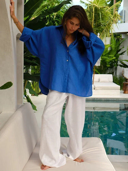 Harlow | Oversized Linnen Blouse voor Dames – Luchtig en Stijlvol met Klassieke Hemdkragen