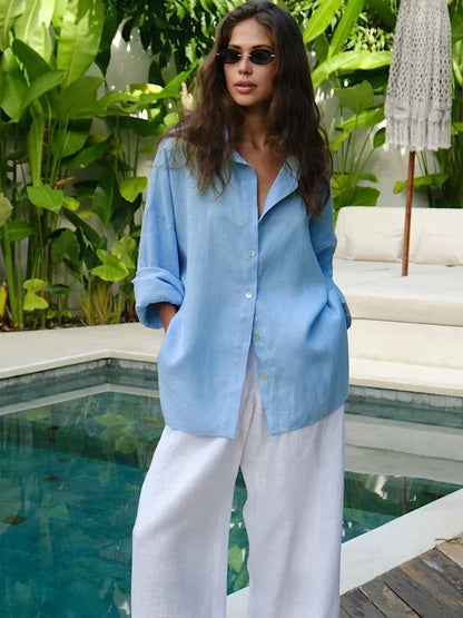 Harlow | Oversized Linnen Blouse voor Dames – Luchtig en Stijlvol met Klassieke Hemdkragen