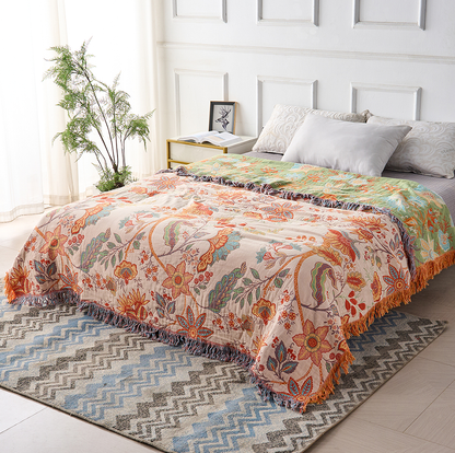 Katoenen Plaid – Bohemian Bloemenprint in Oranje en Blauw voor Woonkamer of Slaapkamer
