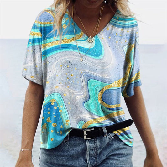 Yolanda | Dames T-shirt met V-hals en Boho Design – Relaxed Fit en Korte Mouwen