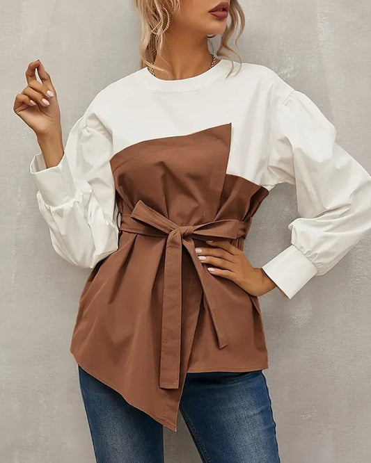 Chique Blouse | Damesblouse met Lantaarnmouwen en Ronde Hals