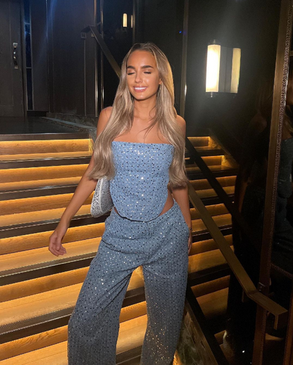 Cressida | Dames Set – Glitter Tweedelige Outfit met Strapless Top en Rechte Broek