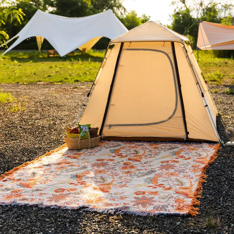 Katoenen Plaid – Bohemian Bloemenprint in Oranje en Blauw voor Woonkamer of Slaapkamer